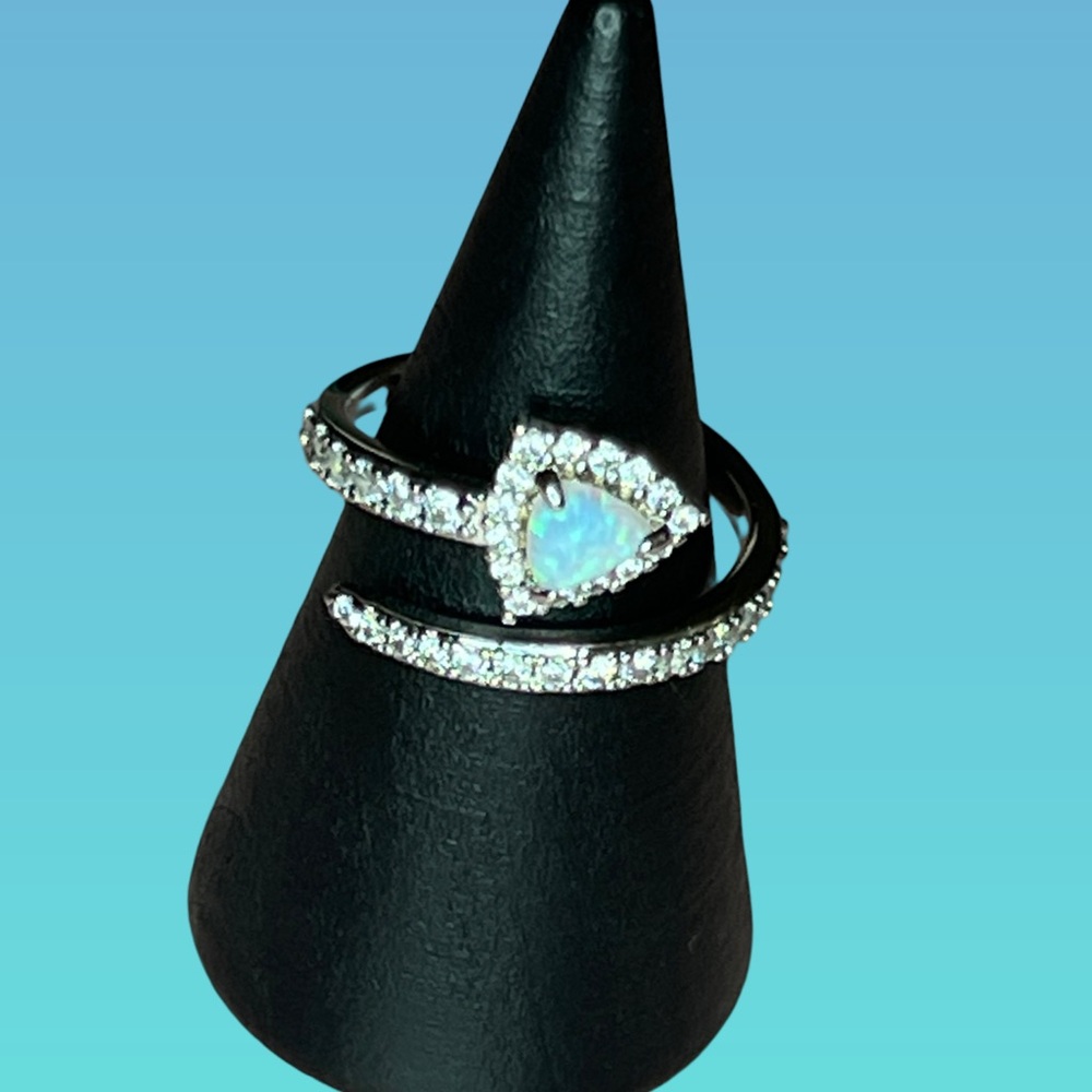 Elegant Rhodium Fire Opal Ring with Crystal Accents